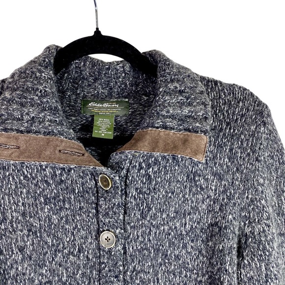 Vintage EDDIE BAUER Medium Suede Elbow Patch Collar Wool Cardigan Sweater Gray - Picture 1 of 6